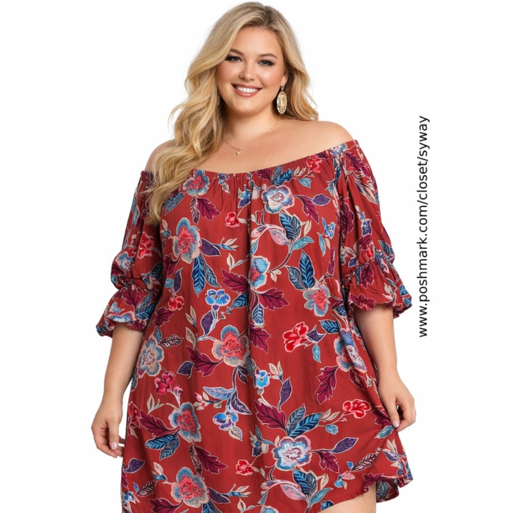 Ivy Street Tropical Floral Flowy Off-The-Shoulder Dress